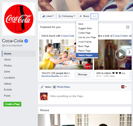 How to switch region on Facebook Global Pages.