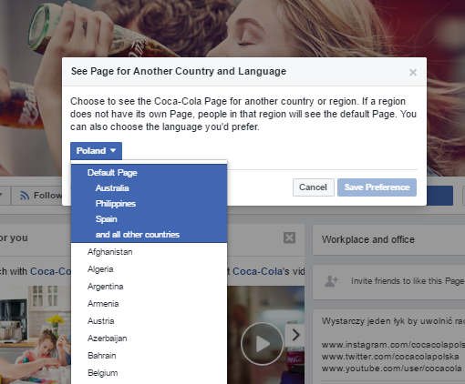 Select desired region on Facebook Global Pages.