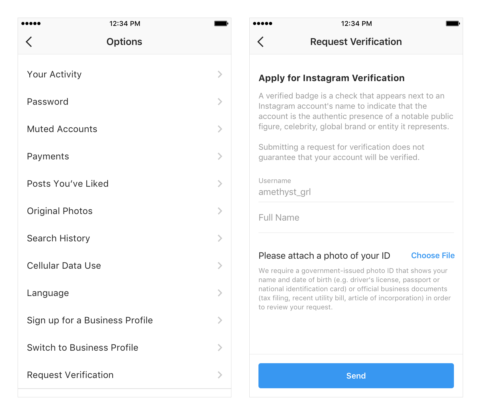 Request verification on Instagram