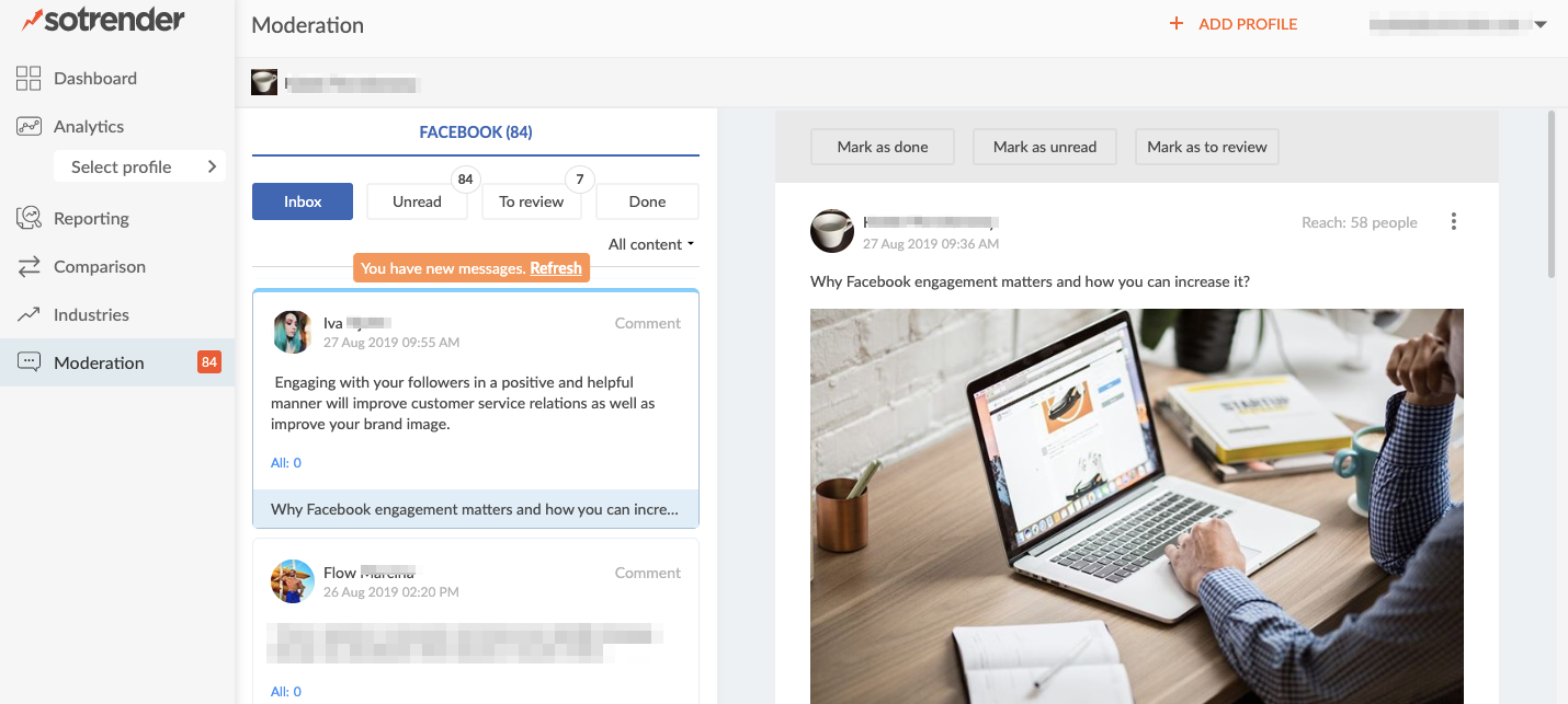 facebook moderation and social inbox