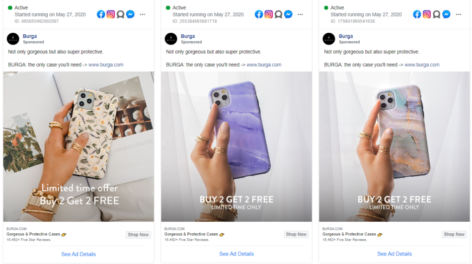 Facebook ads library for active Burga ads