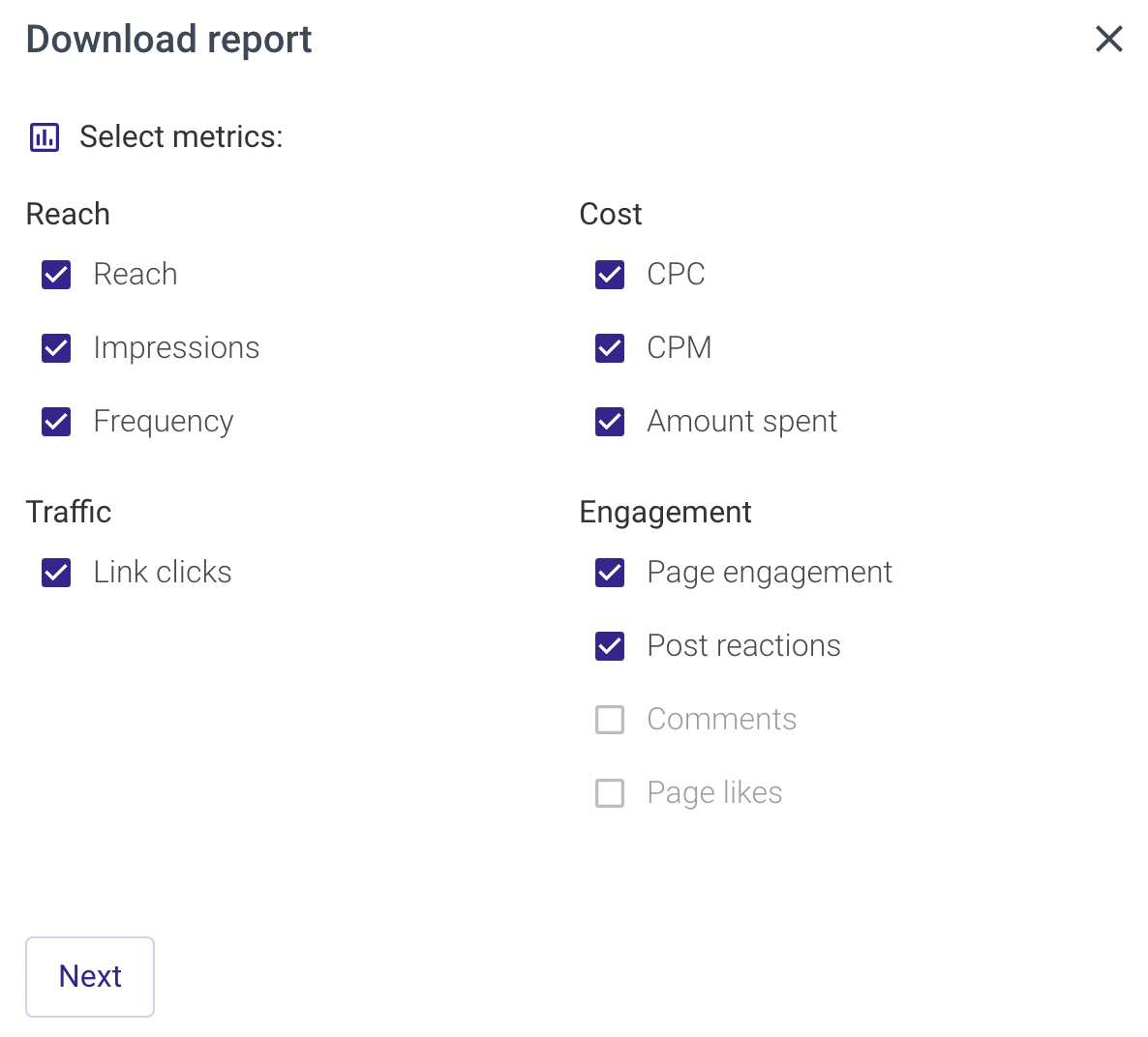 Choosing metrics in Sotrender Ads