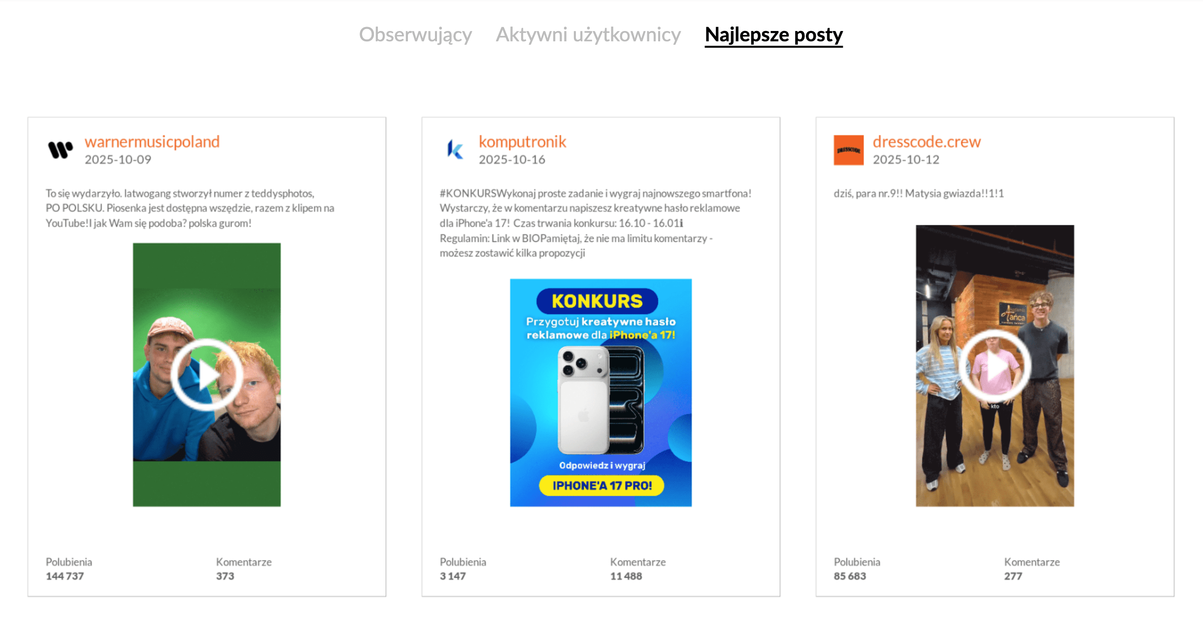 Najbardziej angażujące posty w kategorii Marki na Instagramie październik 2025