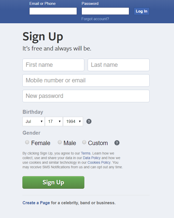 Sign facebook facebook com up login www Set up