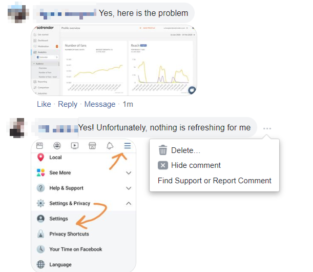 Option to hide or delete a comment on a Facebook post