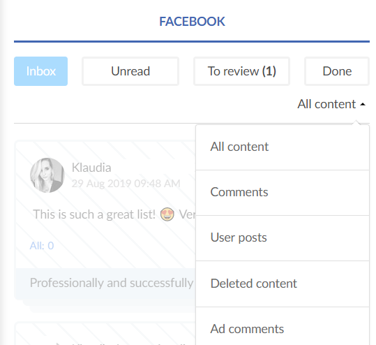 Sotrender's Facebook moderation option filter by content type