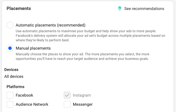 placements in facebook ads manager 